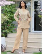 Women’s Beige Jute Cotton Shirt Pant Set With Floral Applique Detail