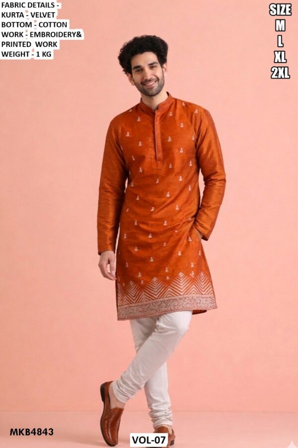 Men’s Velvet Kurta Pajama Set With Embroidery And Printed Work