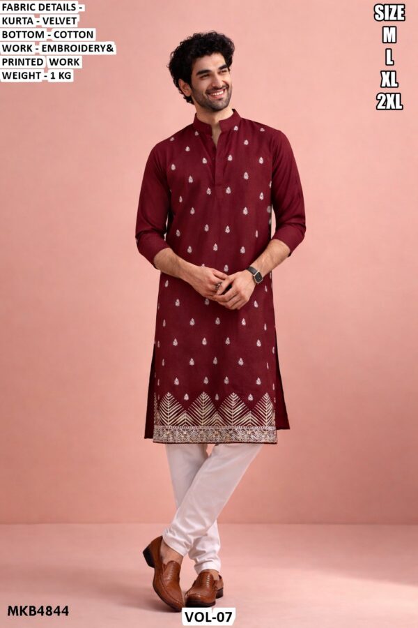 Men’s Velvet Kurta Pajama Set With Embroidery And Printed Work