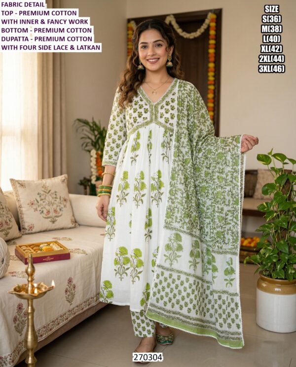 Elegant Printed Cotton Suit Set For Women With Four Side Lace Dupatta