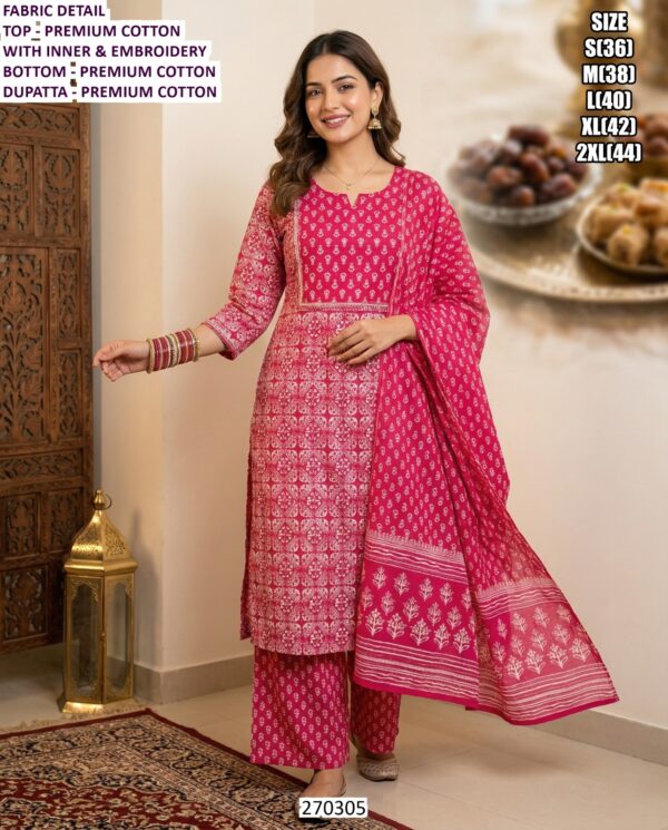 Elegant Printed Cotton Suit Set For Women With Four Side Lace Dupatta