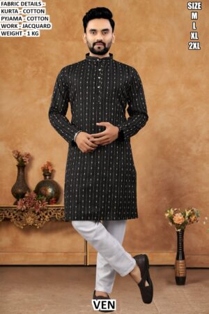 Men’s Cotton Kurta Pajama Set With Jacquard Work
