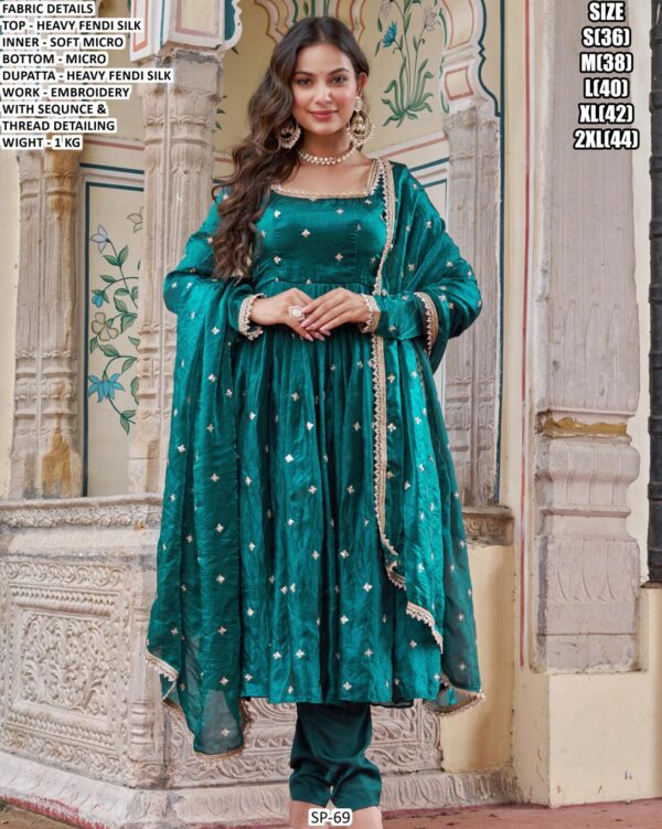 Heavy Fendi Silk Embroidered Suit Set With Dupatta For Women