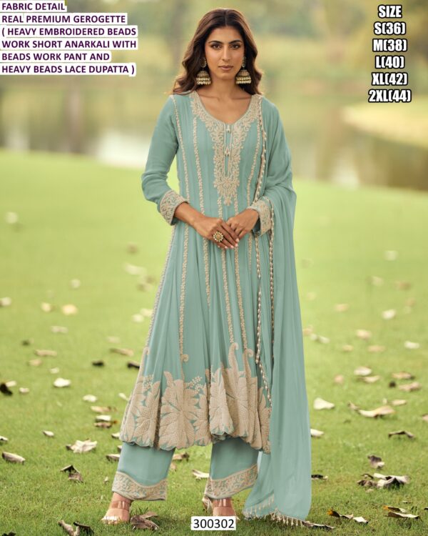 Women’s Designer Short Anarkali Set With Heavy Beads Work And Dupatta