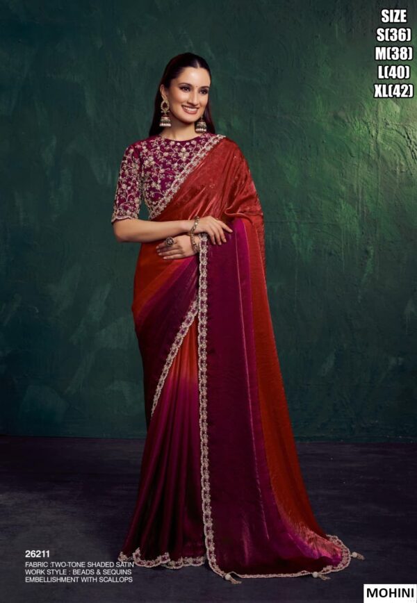 Two Tone Simmer Satin Silk Embroidered Saree For Women