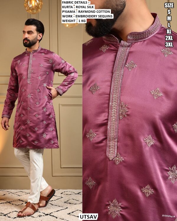 Royal Silk Men’s Kurta Pajama Set With Embroidery Sequins Work