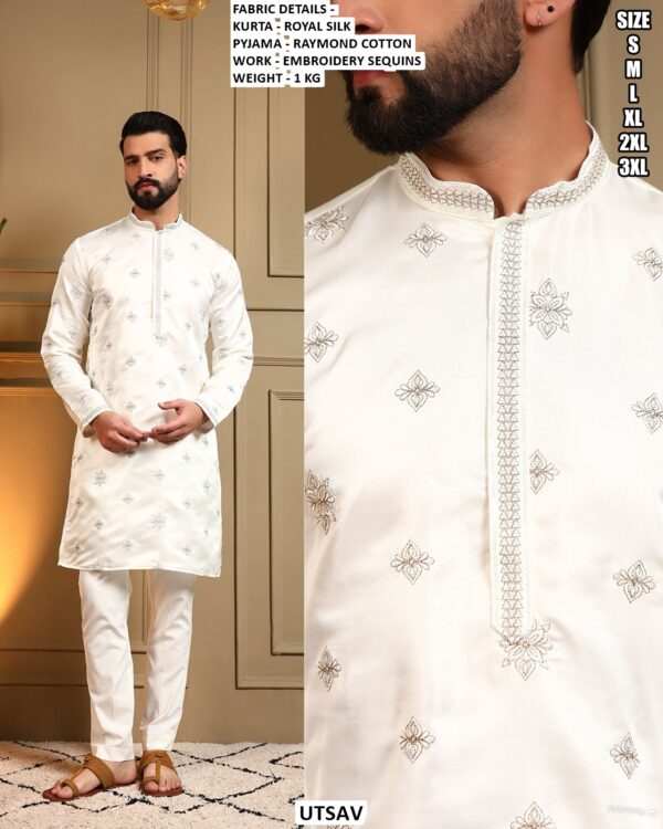 Royal Silk Men’s Kurta Pajama Set With Embroidery Sequins Work