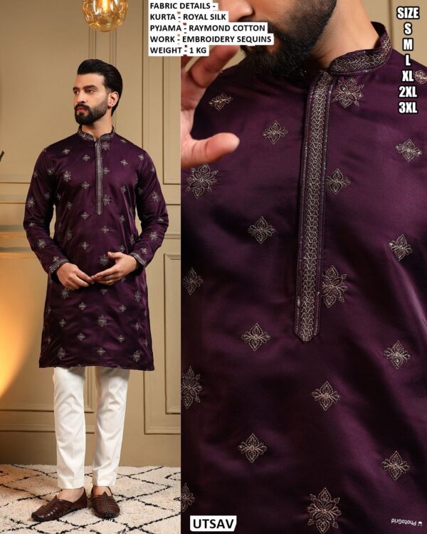 Royal Silk Men’s Kurta Pajama Set With Embroidery Sequins Work