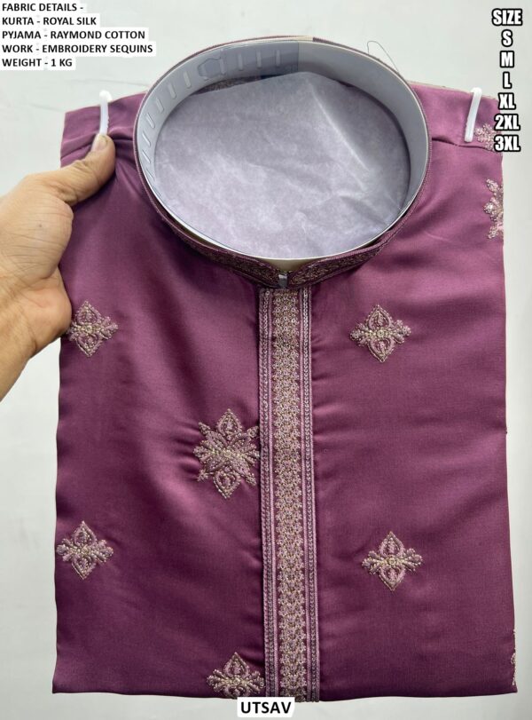 Royal Silk Men’s Kurta Pajama Set With Embroidery Sequins Work