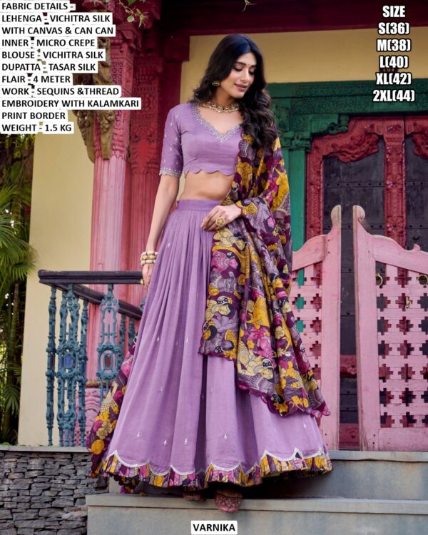 Stylish Occasion Wear Vichitra Silk With Kalamkari Print Border Lehenga for Women