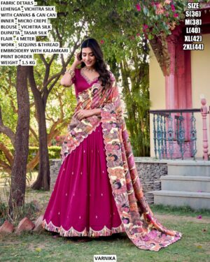 Stylish Occasion Wear Vichitra Silk With Kalamkari Print Border Lehenga for Women