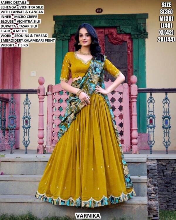 Stylish Occasion Wear Vichitra Silk With Kalamkari Print Border Lehenga for Women