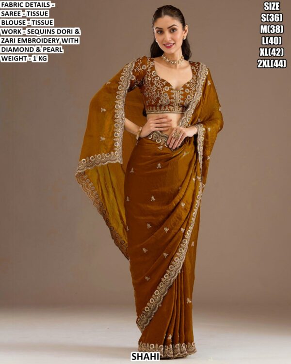 Designer Tissue Saree With Sequins Dori & Zari Embroidery Work