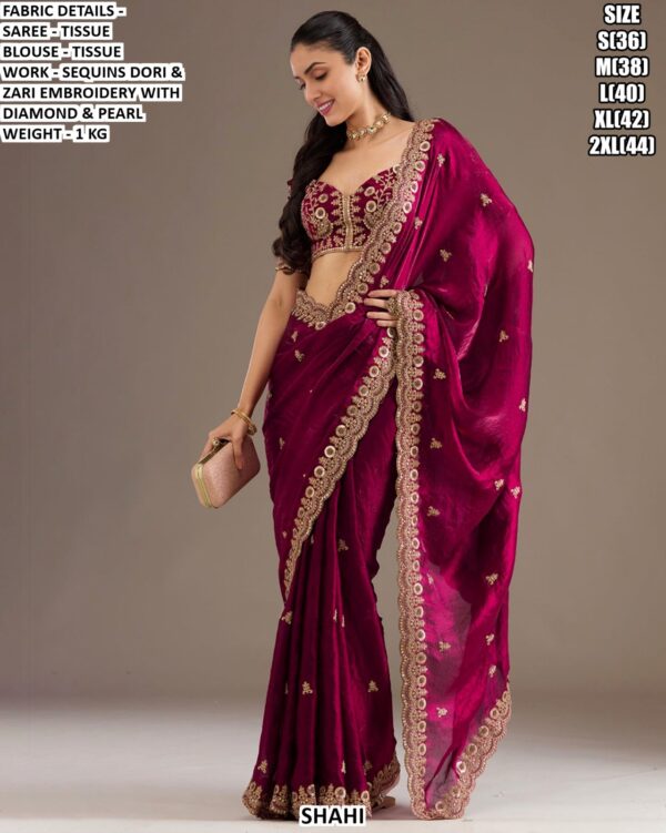 Designer Tissue Saree With Sequins Dori & Zari Embroidery Work