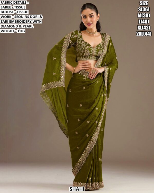 Designer Tissue Saree With Sequins Dori & Zari Embroidery Work