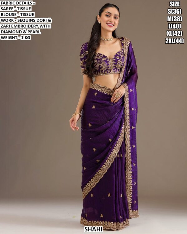Designer Tissue Saree With Sequins Dori & Zari Embroidery Work