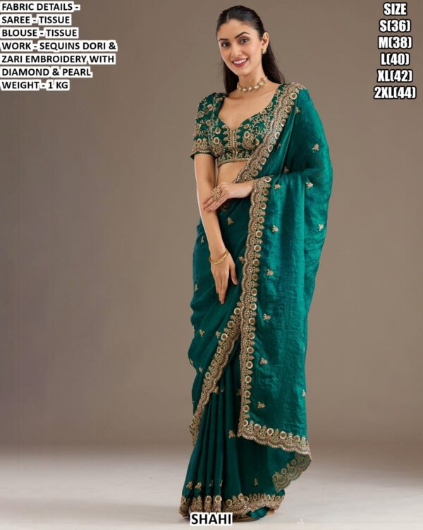 Designer Tissue Saree With Sequins Dori & Zari Embroidery Work