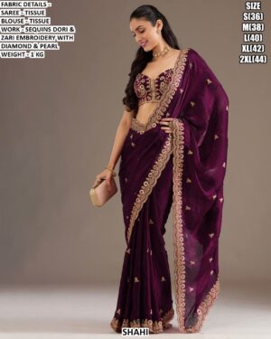 Designer Tissue Saree With Sequins Dori & Zari Embroidery Work