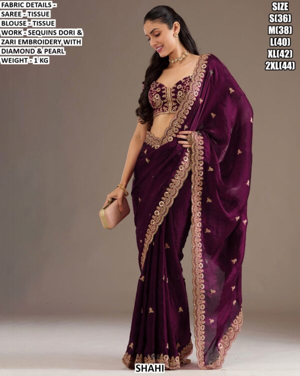 Designer Tissue Saree With Sequins Dori & Zari Embroidery Work