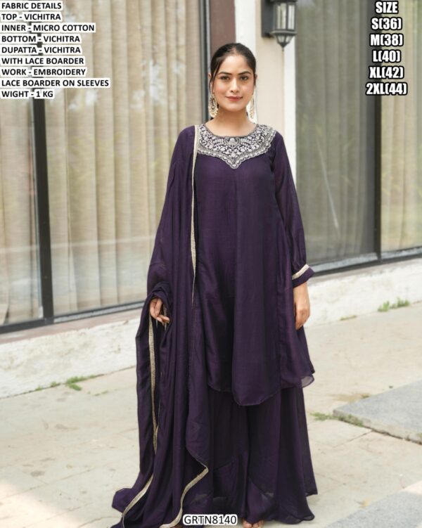 Women’s Elegant Vichitra Kurta Palazzo Set With Embroidered Neck Work