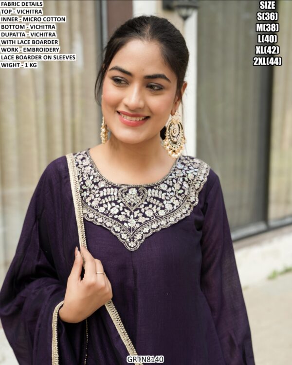 Women’s Elegant Vichitra Kurta Palazzo Set With Embroidered Neck Work