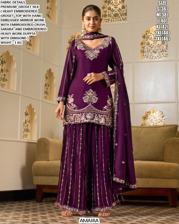 Premium Gorget Silk Embroidered Sharara Set For Ladies