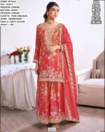Designer Chinon Suit Set With Embroidered Detailing For Women