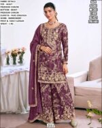 Designer Chinon Suit Set With Embroidered Detailing For Women