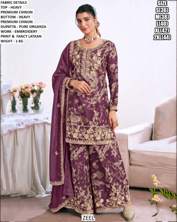 Designer Chinon Suit Set With Embroidered Detailing For Women