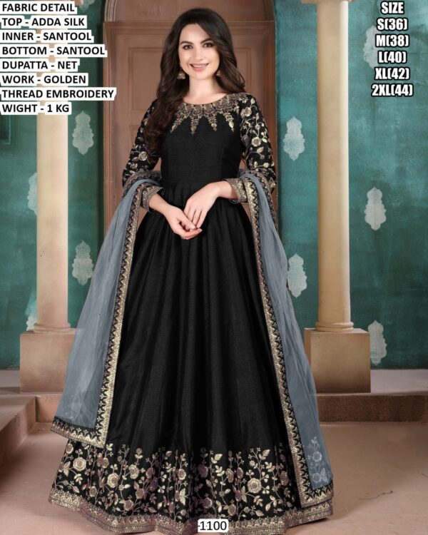 Premium Adda Silk Gown Set With Golden Thread Embroidery For Women
