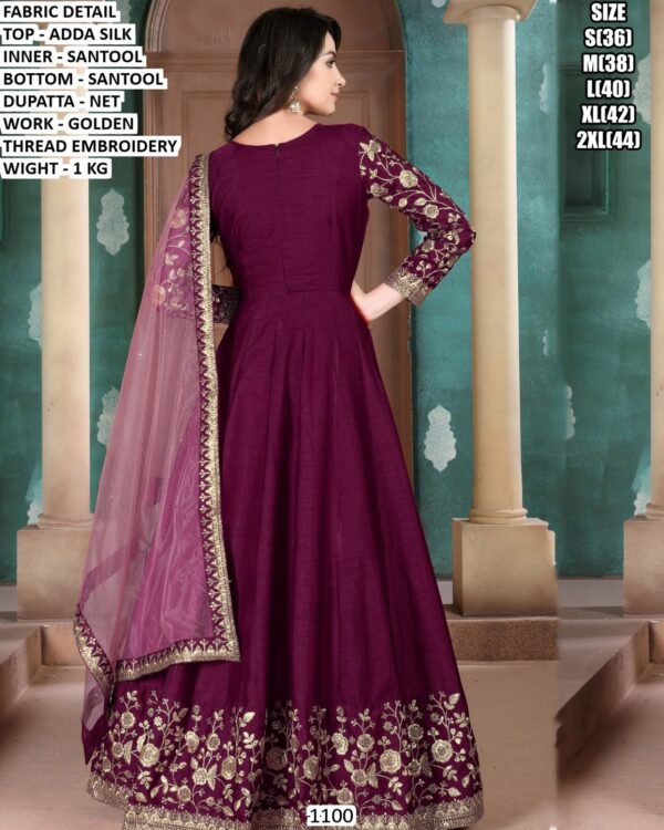 Premium Adda Silk Gown Set With Golden Thread Embroidery For Women