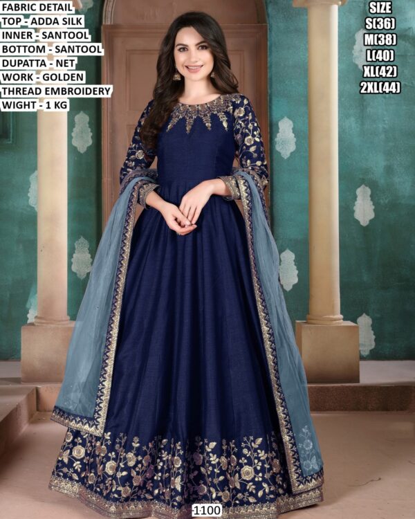 Premium Adda Silk Gown Set With Golden Thread Embroidery For Women