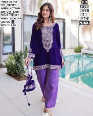 Women’s Velvet Kurti Set With Lajri Bottom And Potli Bag