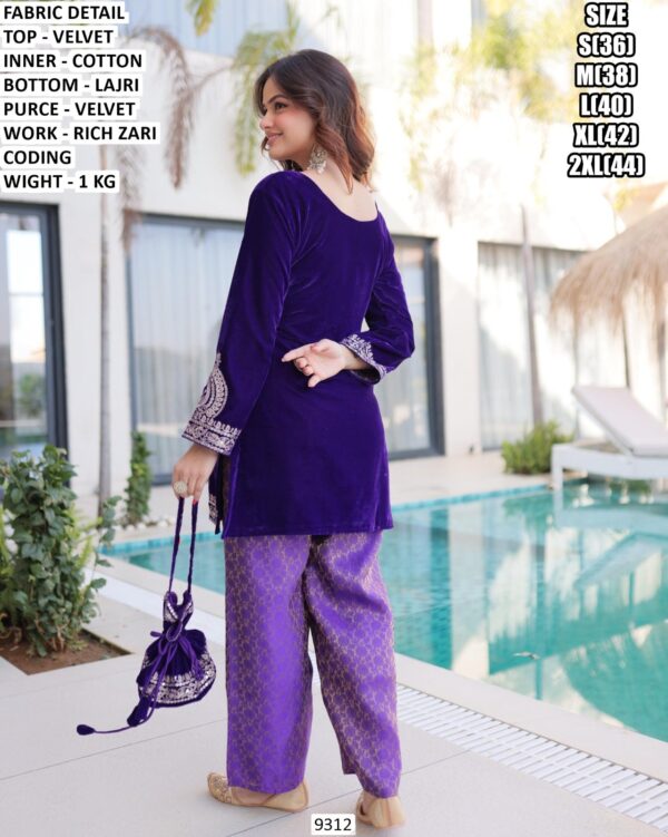 Women’s Velvet Kurti Set With Lajri Bottom And Potli Bag