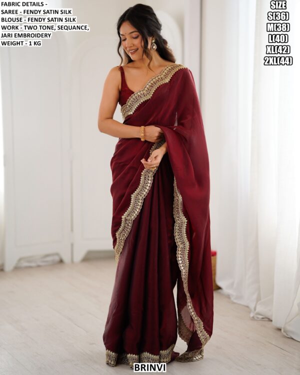 Designer Satin Silk Saree With Embroidery Detailing For Ladies