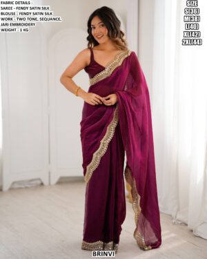 Designer Satin Silk Saree With Embroidery Detailing For Ladies
