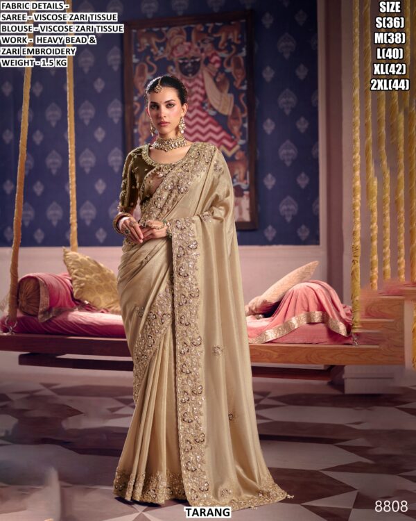 Viscose Zari Tissue Saree With Heavy Bead And Zari Embroidery