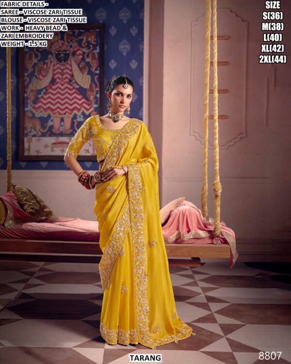 Viscose Zari Tissue Saree With Heavy Bead And Zari Embroidery