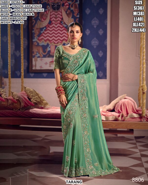 Viscose Zari Tissue Saree With Heavy Bead And Zari Embroidery