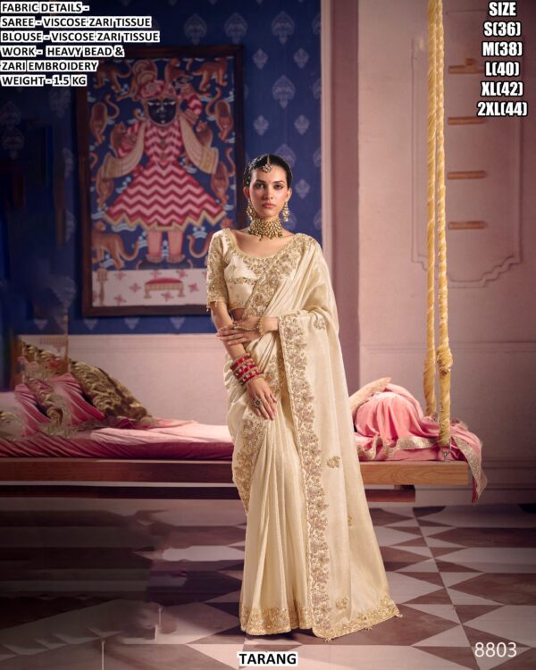 Viscose Zari Tissue Saree With Heavy Bead And Zari Embroidery