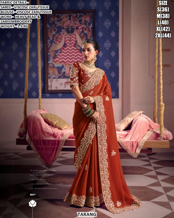 Viscose Zari Tissue Saree With Heavy Bead And Zari Embroidery