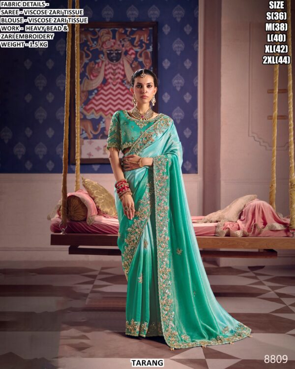 Viscose Zari Tissue Saree With Heavy Bead And Zari Embroidery