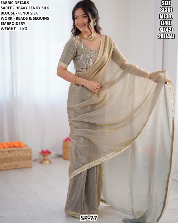 Premium Heavy Fendy Silk Saree With Beads And Sequins Embroidery