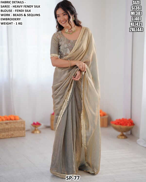 Premium Heavy Fendy Silk Saree With Beads And Sequins Embroidery
