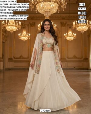 Chinon Designer Lehenga Set With Embroidery Work Shrug