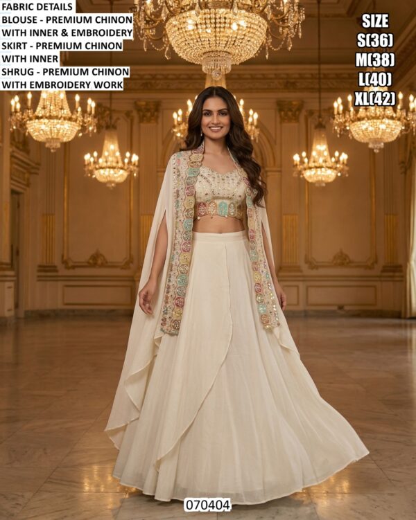 Chinon Designer Lehenga Set With Embroidery Work Shrug