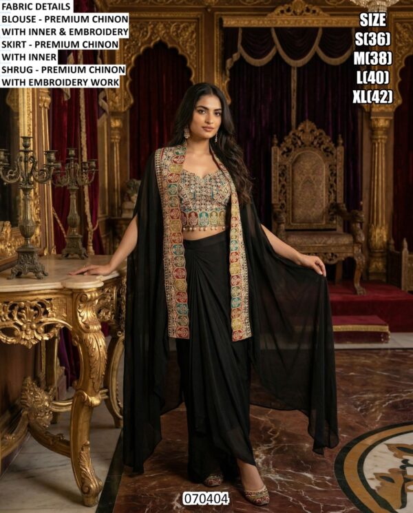 Chinon Designer Lehenga Set With Embroidery Work Shrug