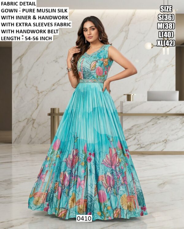 Women’s Pure Muslin Silk Printed Gown With Handwork Belt