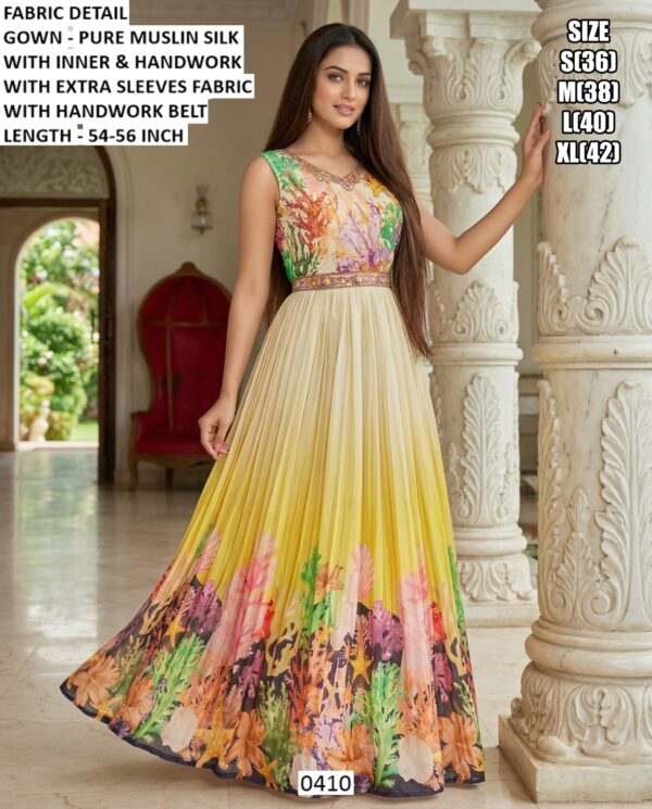 Women’s Pure Muslin Silk Printed Gown With Handwork Belt