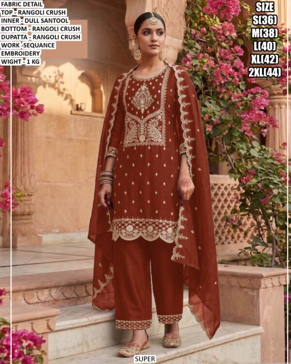 Stylish Rangoli Crush Suit Set With Sequance Embroidery Work